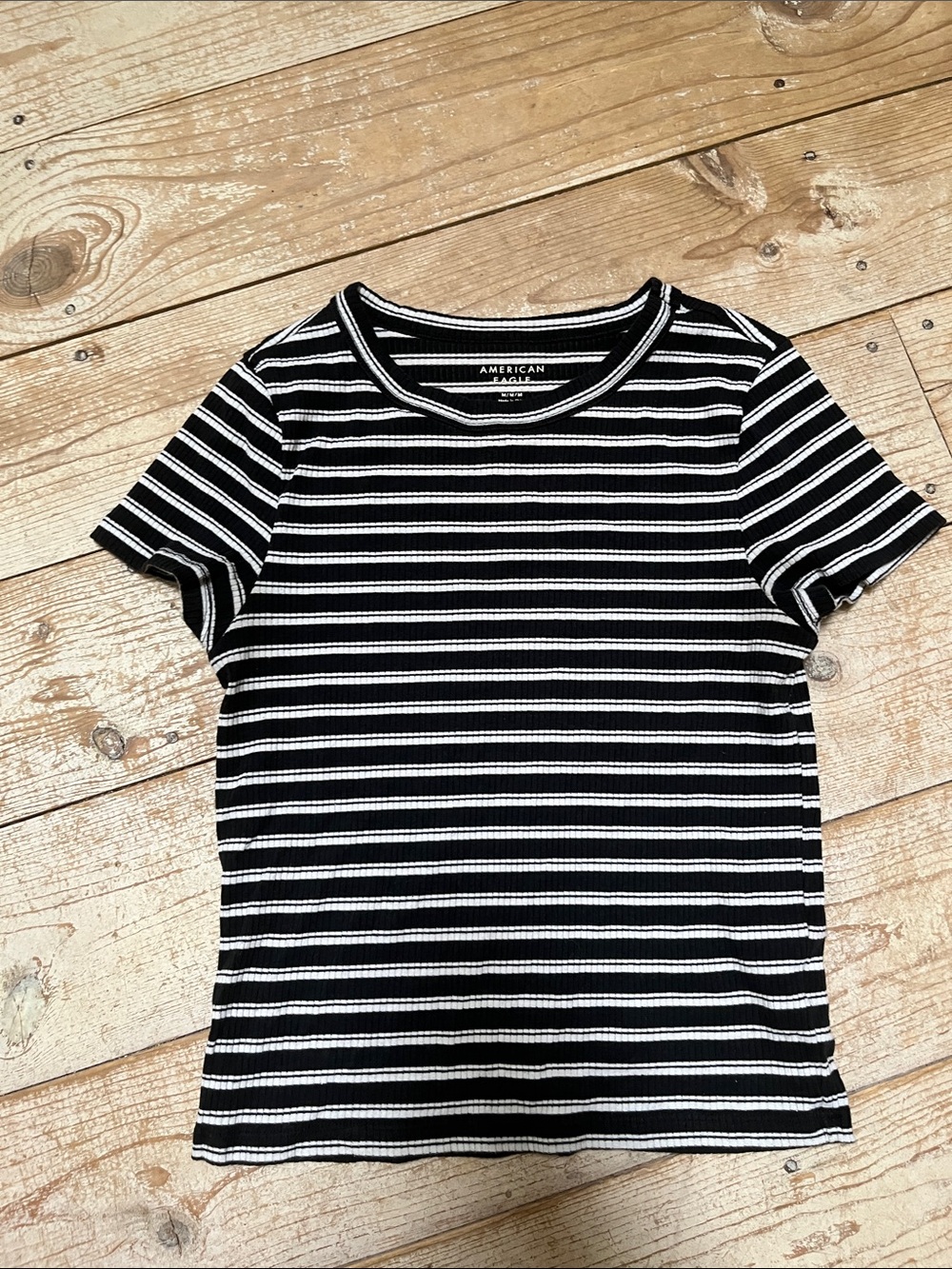 American Eagle Outfitters Kids Black & White Striped Ribbed Short Sleeve Tee